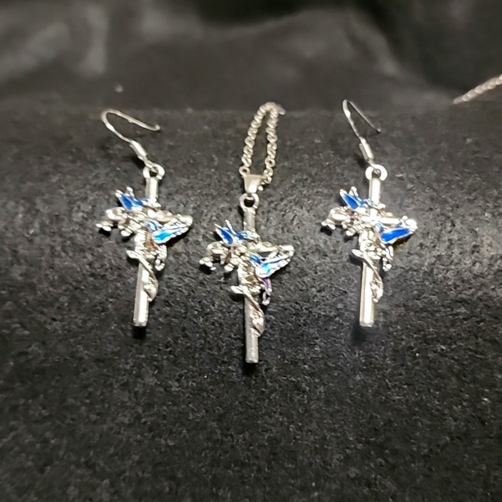 Cross Hummingbird earring necklace set